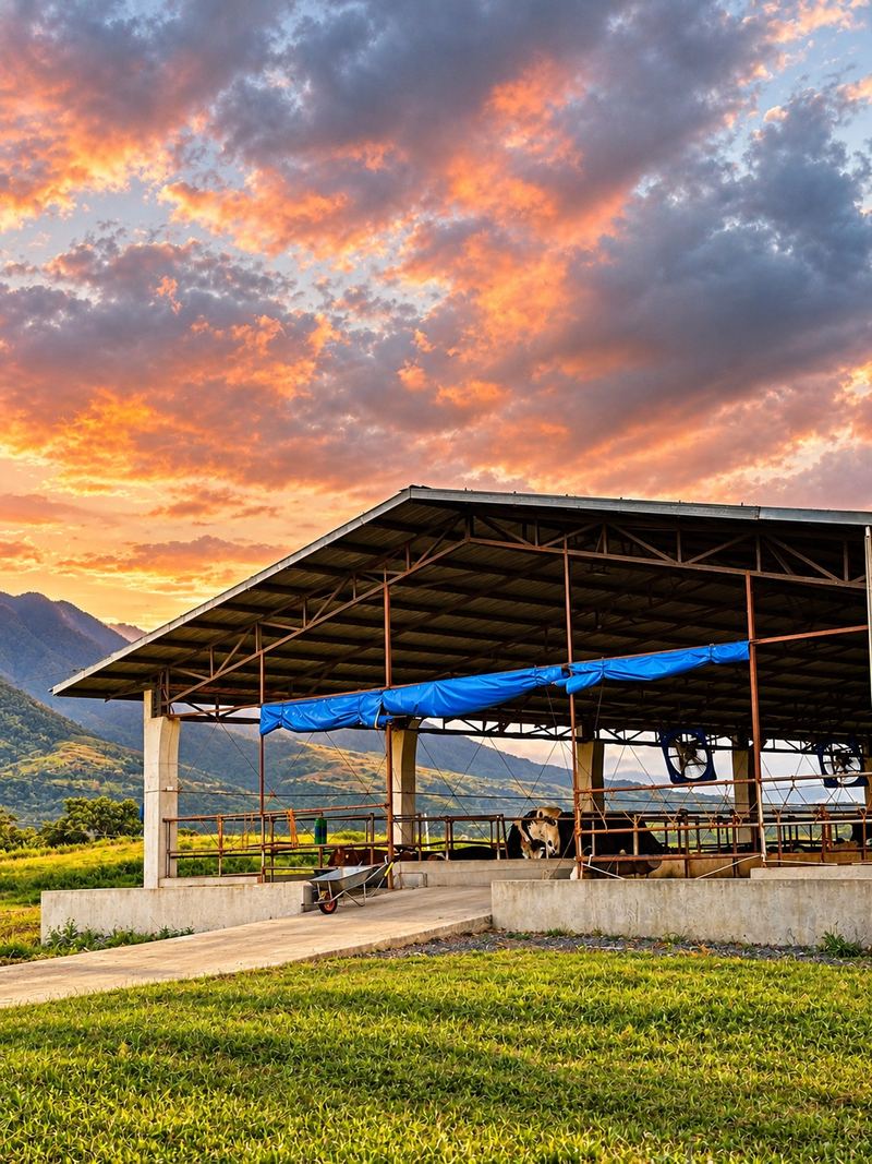 IPPI dairy barn against mountains and a sunset sky